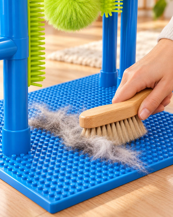 A hand sweeping loose cat hair off the textured mat