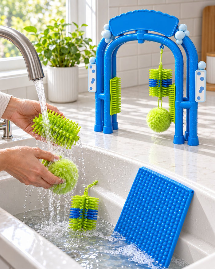 The brushes rinsed under a kitchen tap