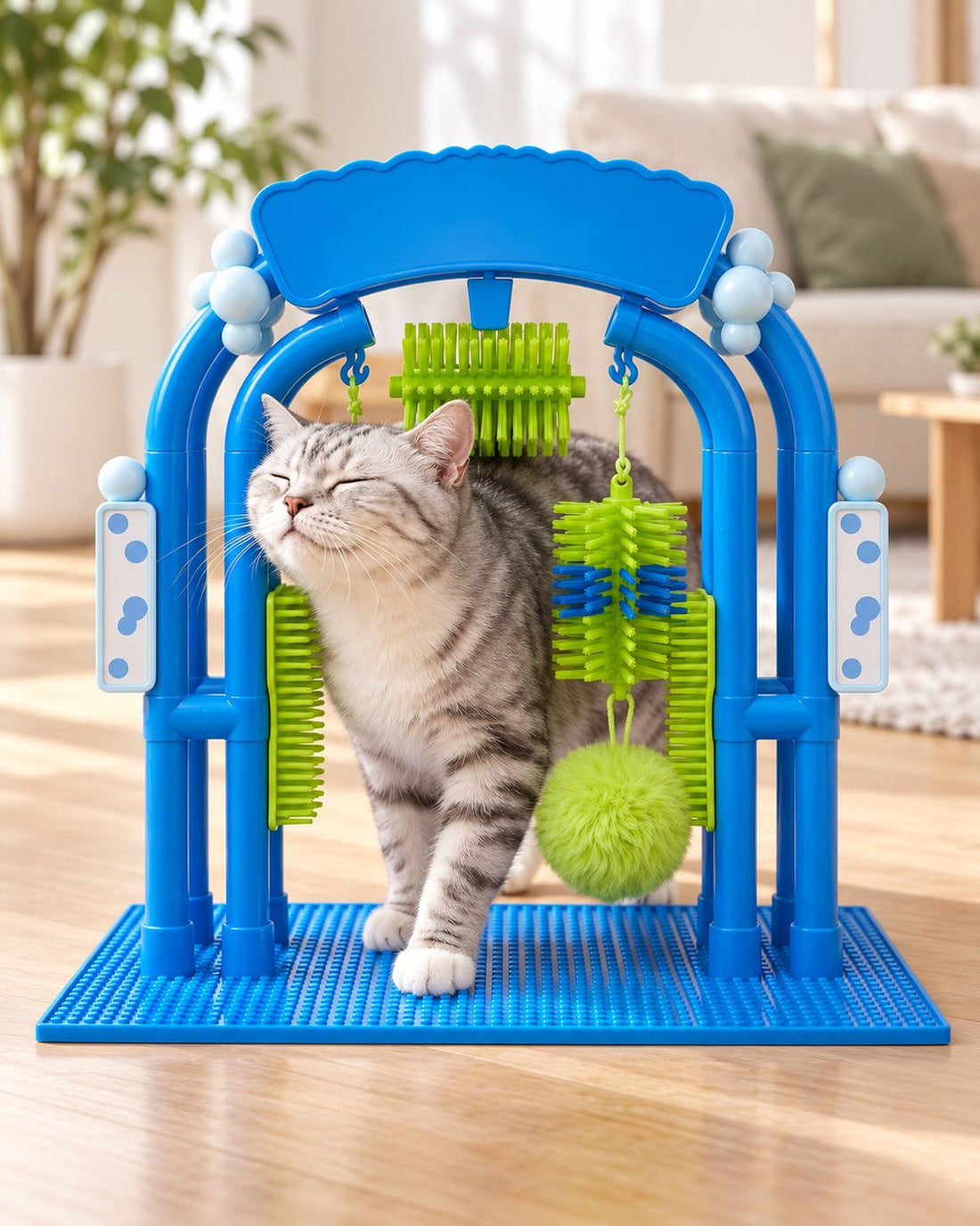 A tabby cat with closed eyes rubbing its cheek on the green brush of the arch