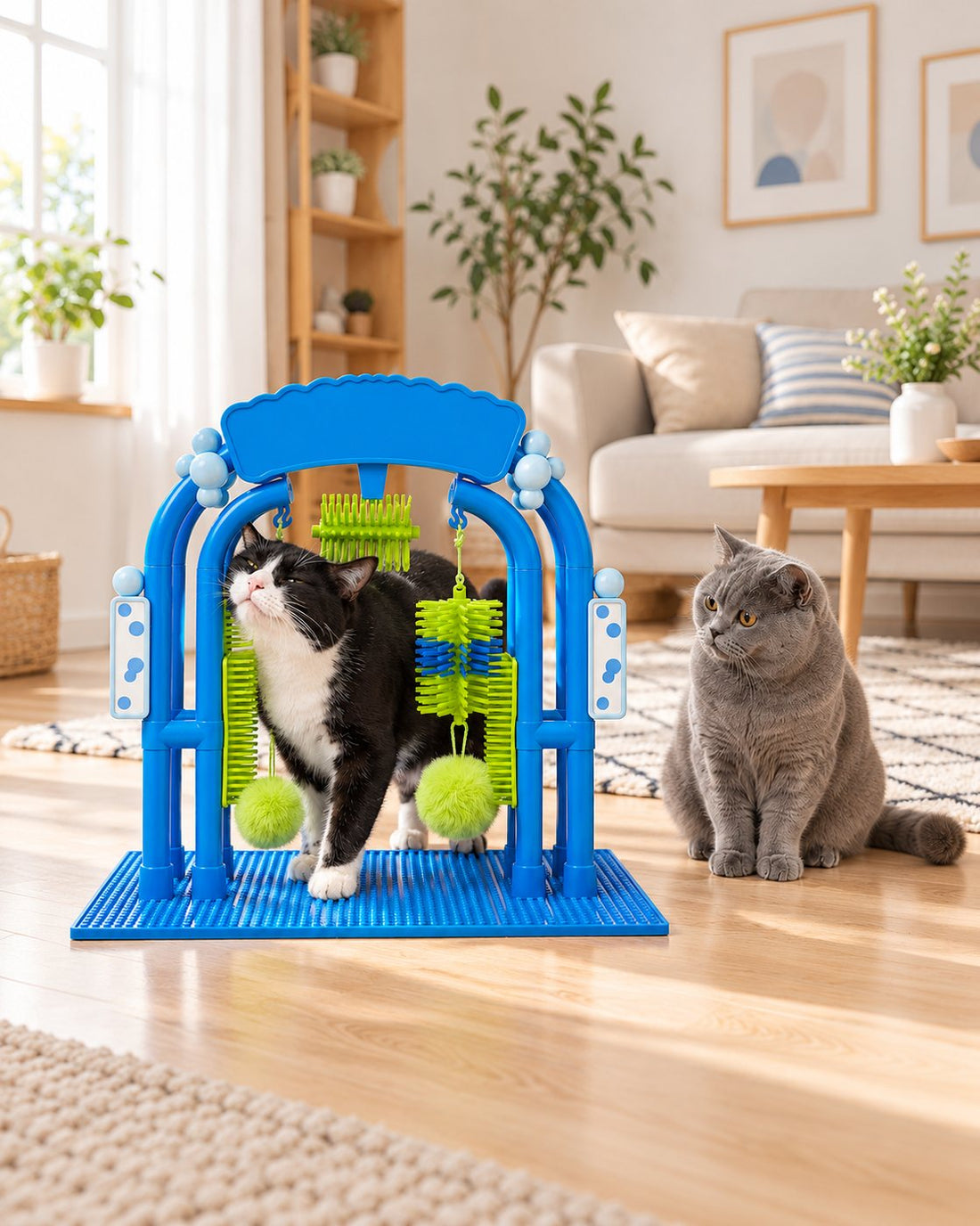 Two cats and the arch in a bright living room
