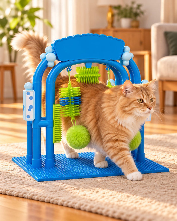 A ginger cat walking through the arch